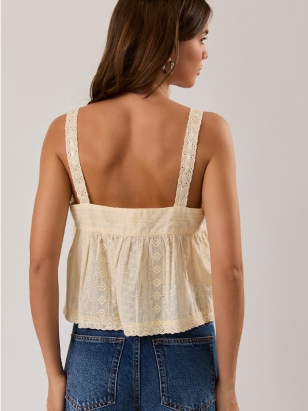 NWT 100% Cotton Yellow Dainty Lace-Trim Sleeveless Cropped Top - Picture 2 of 5